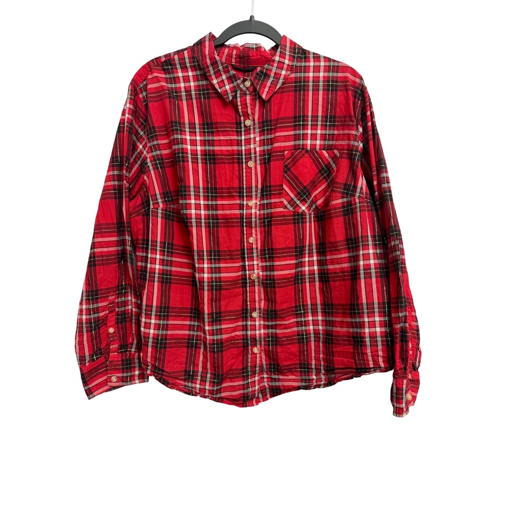 Ava & Viv Womens 2X Red Plaid Gold Metallic Lurex Button Down Shirt Long Sleeve